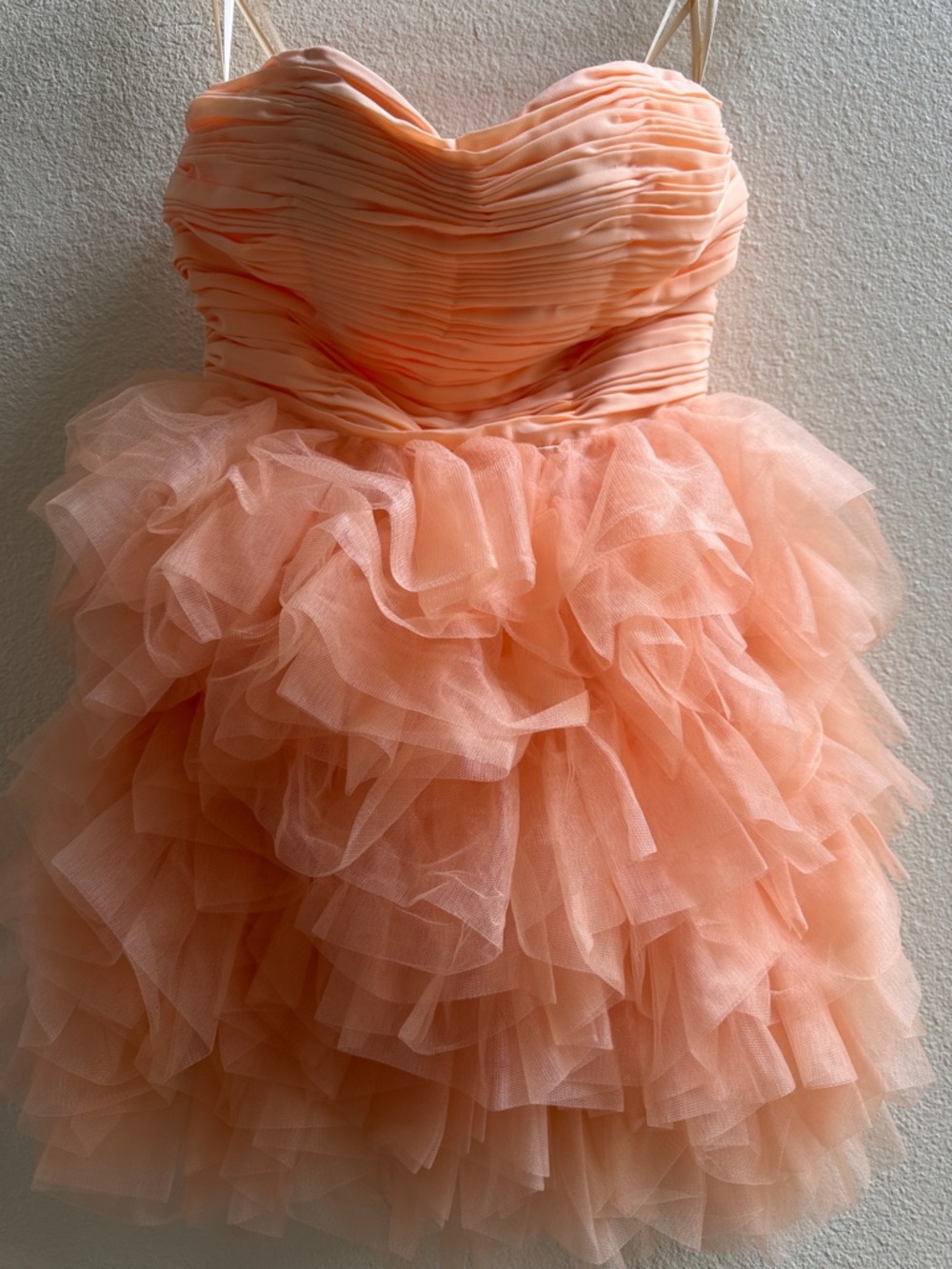 Strapless Peach Tulle Ruffle Party Dress